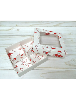 Коробка для 4 конфет 110х110х30 мм  с окном крышка-дно Красно-белая новогодняя