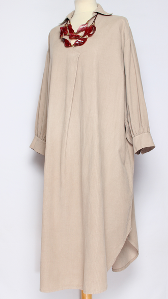 Платье-рубашка "Вельвет пышный рукав "  горчица, бежевое до р.54