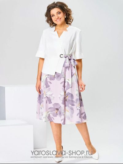 Платье-имитация костюма с белым жакетом и юбкой лавандового цвета