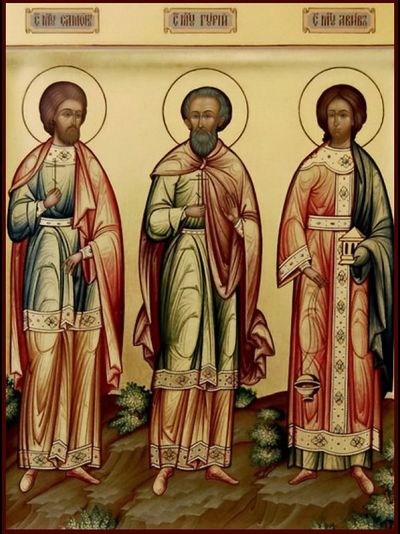 Самон, Гурий и Авив, Святые мученики, исповедники. Рукописная православная икона.