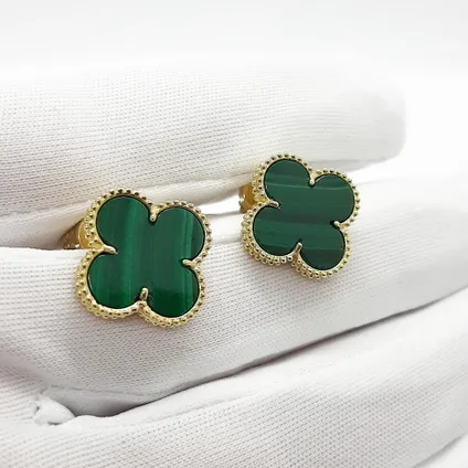 Серьги четырехлистник с малахитом