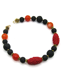 "Тёплое настроение". Браслет из бусин лавы, агата и коралла