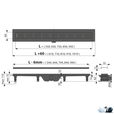 Лоток для душа Alcadrain APZ10BLACK-950 желоб в комплекте с решеткой, черный матовый