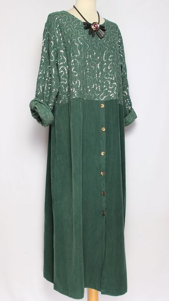 Платье Бохо вельветовое "Кружево пайетки" малахит до р.54