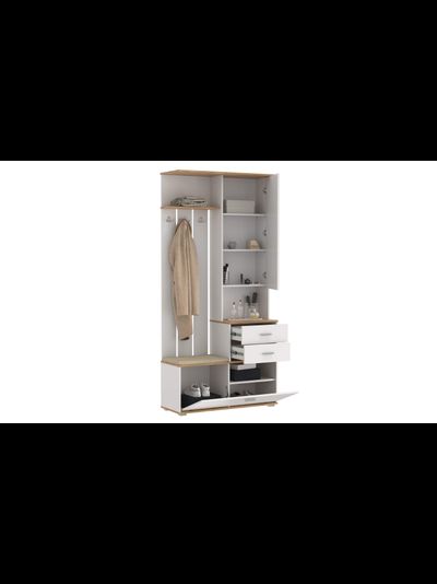 Антре 65.08 Шкаф для прихожей с зеркалом Белый/дуб вотан/ДВПО белый/ткань велюр велутто кремовый 18