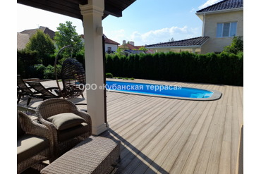 Терраса со встроенными грядками из ДПК у бассейна