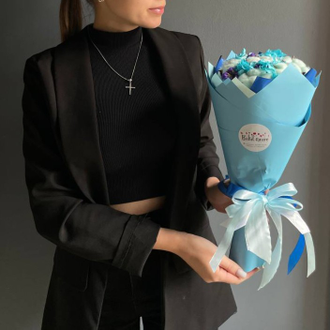 БУКЕТ ИЗ ХЛОПКА, СТАБИЛИЗИРОВАННОЙ ГОРТЕНЗИИ И СТАТИЦЫ В ГОЛУБОМ ОТТЕНКЕ - АРТ.СЦ3