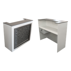 Тучков шоп. Торговое оборудование. Ресепшн. Стойка-ресепшен белого цвета с 3д панелью серого цвета