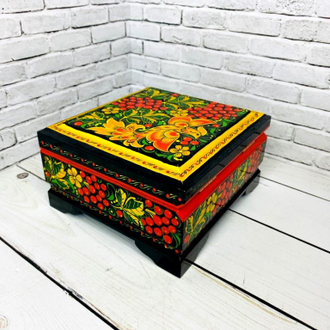 Шкатулка для украшений Птица с рябиной 120*115 мм деревянная с росписью Хохлома