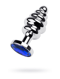 AP-AL003-MDB Серебряная ребристая анальная пробка темно-синим кристаллом (Medium)