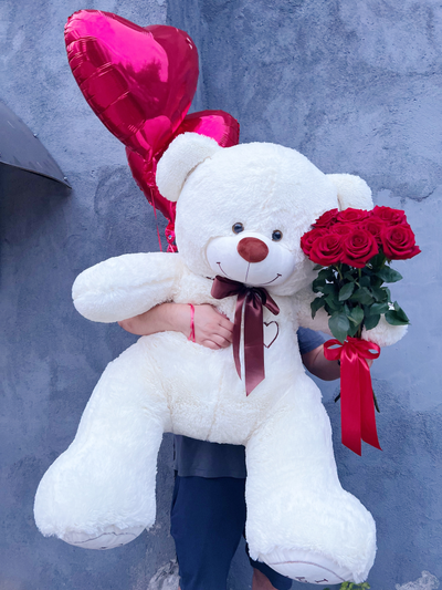 Подарочный набор №16 - Плюшевый мишка 160 см, Шары сердца 2, букет красных роз Эквадор