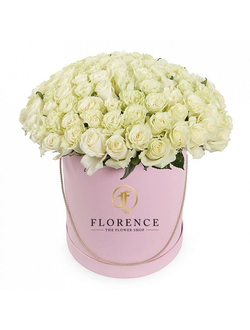 Цветы в шляпной коробке 101 белая  роза "елоснежный рай"