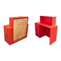 Тучков шоп. Торговое оборудование. Ресепшн. Стойка-ресепшен красная с деревянной панелью с узором