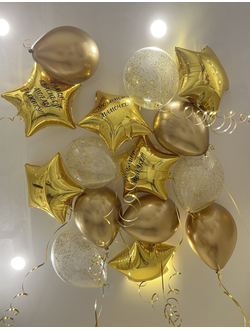 Шары золотые, с конфетти, звёздочки 15 шт под потолок