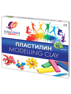 Пластилин классический ЛУЧ "Классика", 10 цветов, 200 г, со стеком, картонная упаковка, 7С304-08