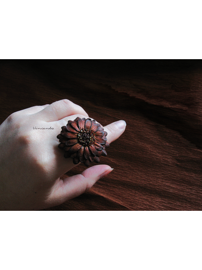 Необычное кольцо "Медная Календула" из полимерной глины. Серия колец-цветов из коллекции волшебных украшений Винсенто