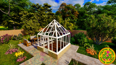 Боковой вид алюминиевой беседки, закаленное стекло, полки с рассадой, установлена в саду.