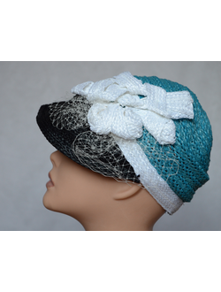 Модная бейсболка с бантом и вуалью Италия Vizio 5712 мятная с черным козырьком фото