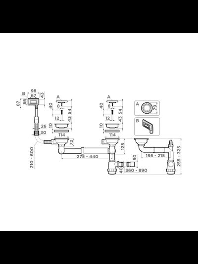 Арматура для полуторачашевых моек с универсальным прямоугольным переливом WK-1.5-UN-IN