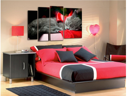 Модульная картина "Кот с красным бантиком"