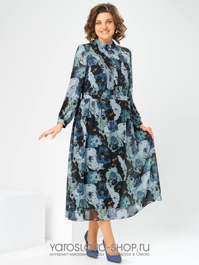 Женское шифоновое платье с цветочным принтом на черном фоне