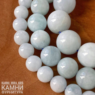 "Аквамарин" природный голубой берилл, шары 6,2-6,5/8,4-8,6/10,7-11 мм, цена за нить 19 см