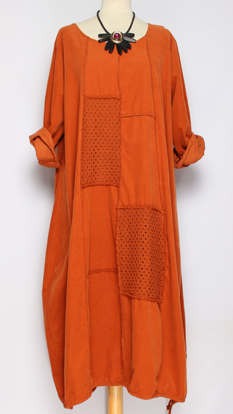 Платье Бохо вельветовое "Сетка трикотажная спинка" оранжевое, горчичное до р.56