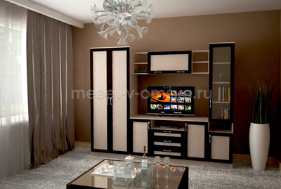 Пенал "Премьера-7" в интерьере гостиной в расцветке Дуб Млечный / Дуб Венге