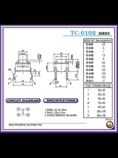 кнопка тактовая TC-0108X 4-pin h=9.5 мм.(100 штук)