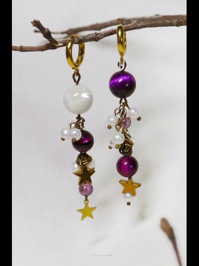 &quot;Звёздные маячки&quot;, асимметричные серьги с жемчугом, тигровым глазом и флюоритом