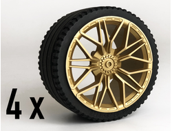Wheel 62.3mm D. x 42mm Technic Racing Large with 10 'Y' Spokeswith Tire 81.6 x 44 ZR Technic Straight Tread, (23799 / 6139227). 4x, Metallic Gold (68577 / 6306718)