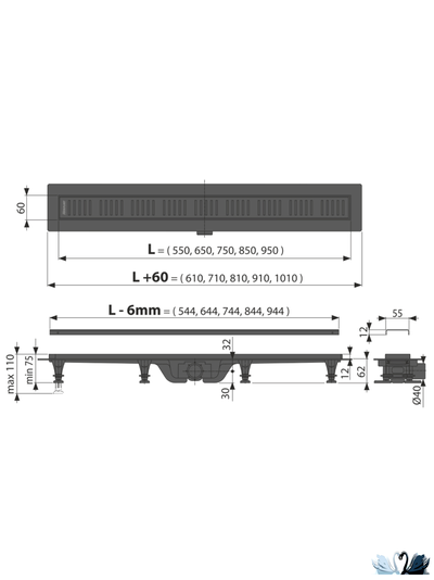 Лоток для душа Alcadrain APZ10BLACK-950 желоб в комплекте с решеткой, черный матовый