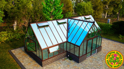 Базовая комплектация теплицы в английском стиле с холлом из стекала и алюминия ИМПЕРИАЛ размером 4000 х 10000 мм