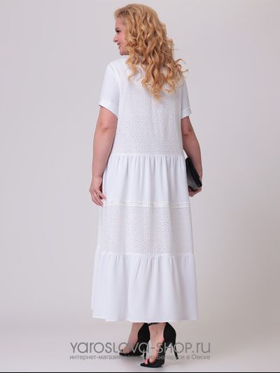 Платье А-силуэта с воланами из двух видов хлопковой ткани белого цвета