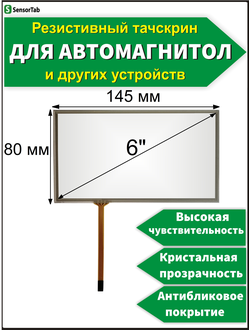 Резистивный тачскрин 145х80 мм для автомагнитолы, панели управления, GPS навигатора, сенсорный экран 6" дюймов (145x80/ 145 на 80/ 80*145/ 145*80)