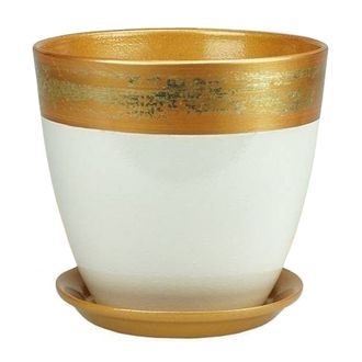 Белый с бронзовым  оригинальный керамический цветочный горшок с рисунком диаметр 21 см с рисунком