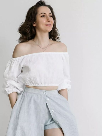 Топ кроп укороченный с длинными рукавами на резинке (белый)