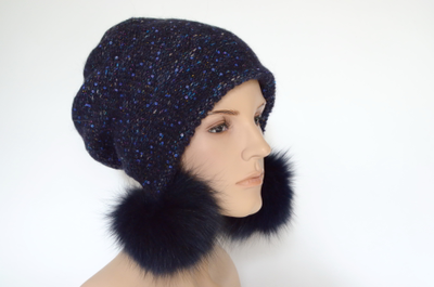 Синяя итальянская шапка ушанка вязаная Визио