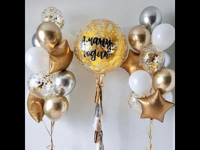 Композиция шаров: 2фонтана + баблс с конфетти и надписью (СиК)