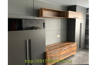 020 Корпусные шкафы с распашными дверьми, комод и полка.
ЛДСП Egger:
- Дуб Хантон тёмный H2033 ST10.
- Кашемир серый U702 ST9.