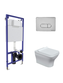 Комплект BERGES: инсталляция NOVUM кнопка D3 хром глянец, унитаз Strati Rimless, сидение дюропласт Strati Slim SO