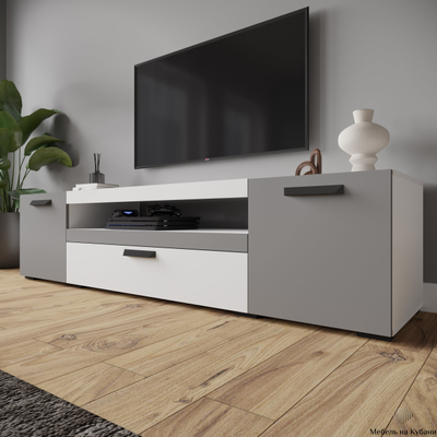 ТВМ-8 Тумба под ТВ Белый с тиснением «Древесные поры»/Графит Серый