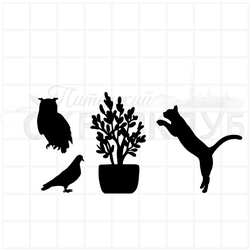 штамп силуэты филин, голубь, кот, цветок в горшке