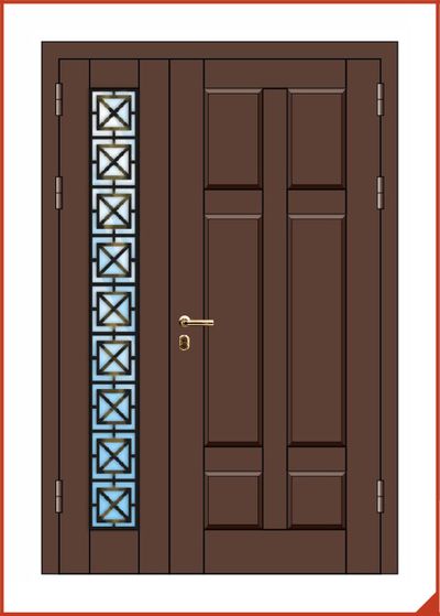 входная дверь. профильная конструкция. со стеклопакетом и кованой решёткой.