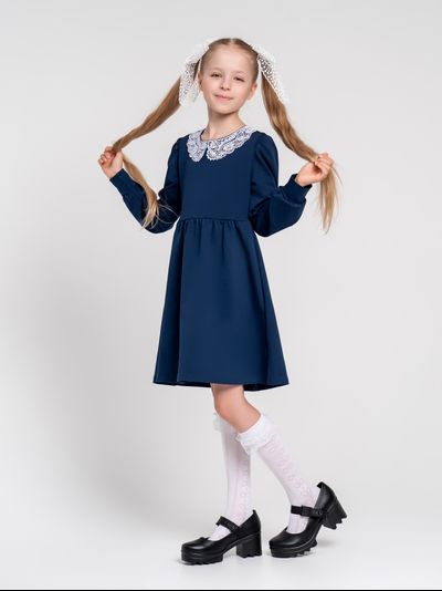 Платье синее с кружевным воротником