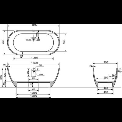 Ванна из искусственного камня STWORKI Берген 160x75 см, отдельностоящая, белая, овальная