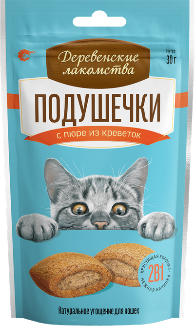 Деревенские лакомства, Подушечки с пюре из креветок для кошек, 30 гр