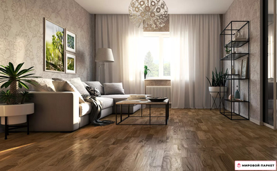 Паркетная доска Polarwood Oak Toffee Matt 3S в интерьере гостиной