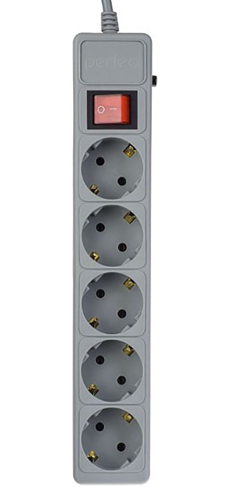 Сетевой фильтр с заземлением и кнопкой Perfeo Power+, 5 м, 5 розеток (серый)
