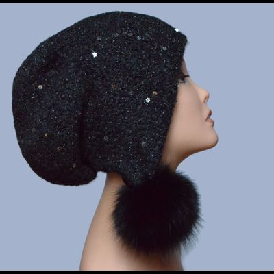 Меланжевая черная вязаная шапка ушанка с помпонами Vizio 6444 Италия